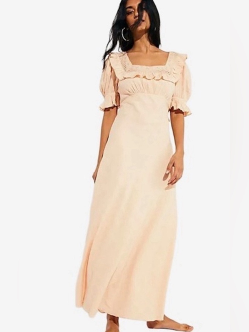 Free People Now And Forever Blush Peach Puff Sleeve Lace-Trim princess maxi dres